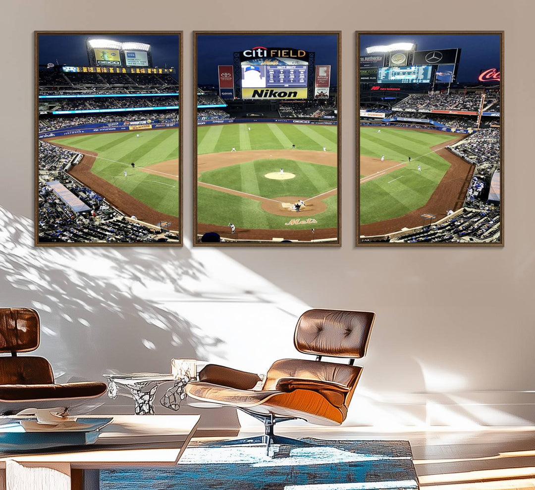 The wall is adorned with a 3-panel Citi Field Wall Art Print, framed for sports-themed decor.