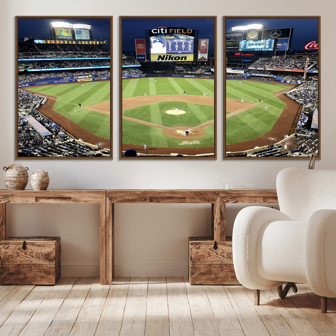 MGV-FC-60X30-3P - Citi Field Wall Art Print | 3-Panel New York Mets Baseball Stadium Canvas Print | Framed Sports Decor for Living Room, Man Cave, or Office Decor