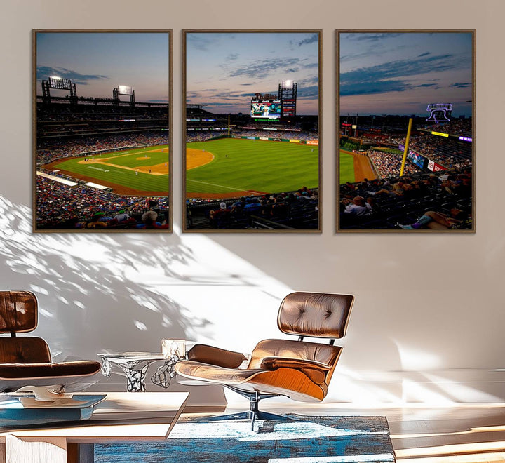 A wall art piece depicting the Philadelphia Phillies Citizens Bank Park Stadium at dusk.