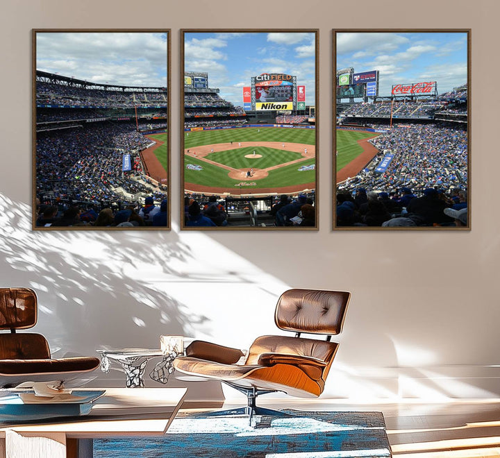 A wall art piece featuring a New York Mets Baseball Team print of Citi Field during a thrilling game under a blue sky.