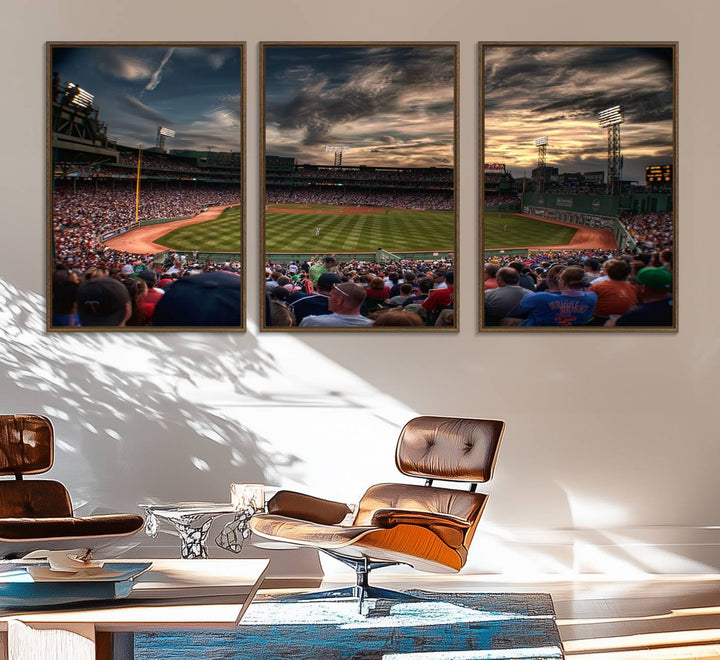 Boston Red Sox canvas print of Fenway Park at sunset, ideal for sports fans.