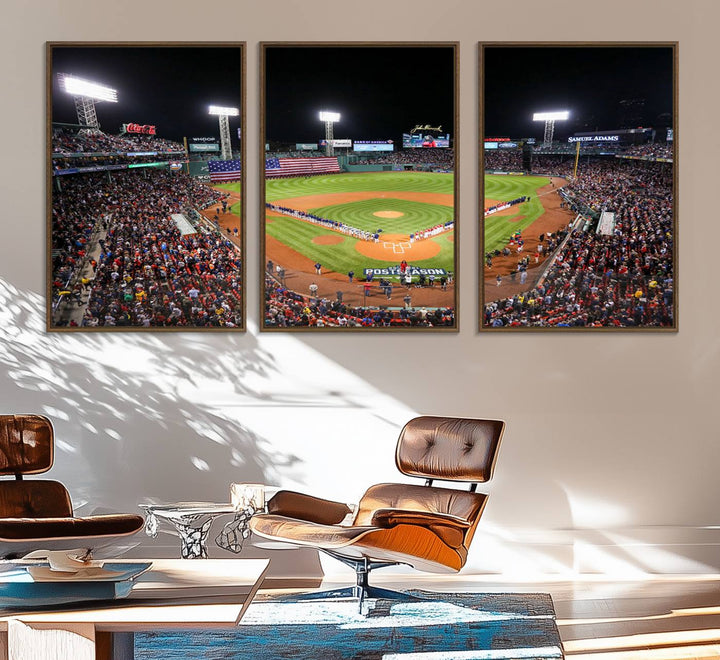 The Fenway Park Wall Art Canvas Print showcases a stunning aerial view of Bostons iconic ballpark at night, making it an ideal piece for any Red Sox enthusiast.