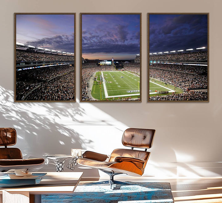 A large New England Patriots Foxborough Gillette Stadium wall art canvas print at sunset.