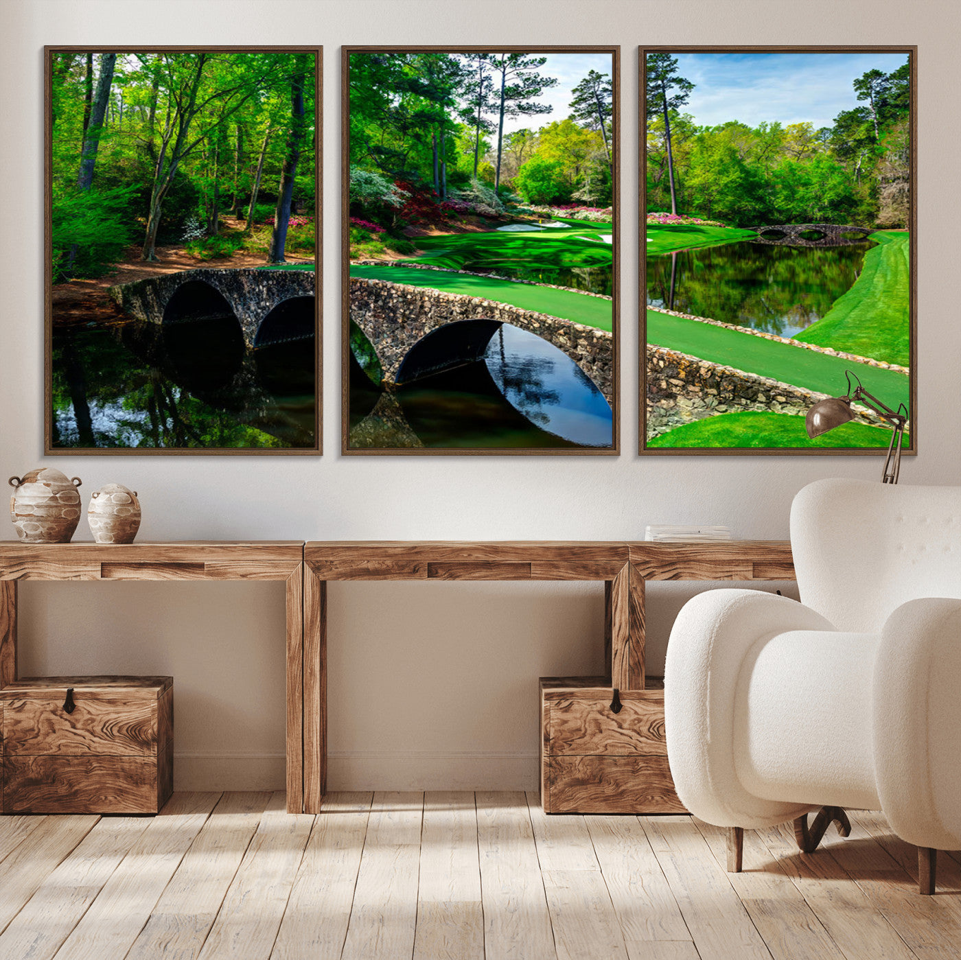 MGV-FC-60X30-3P - Augusta National Golf Club Wall Art - Panoramic Bridge & Lush Greenery – Premium Framed,
