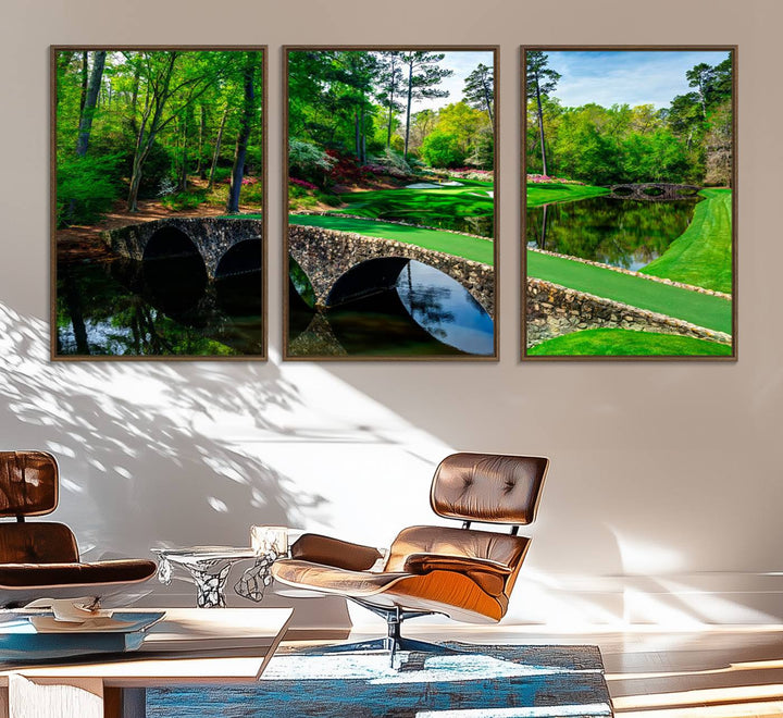 The wall art from Augusta National Golf Club showcases a panoramic bridge set against rich, lush greenery on a framed triptych canvas.