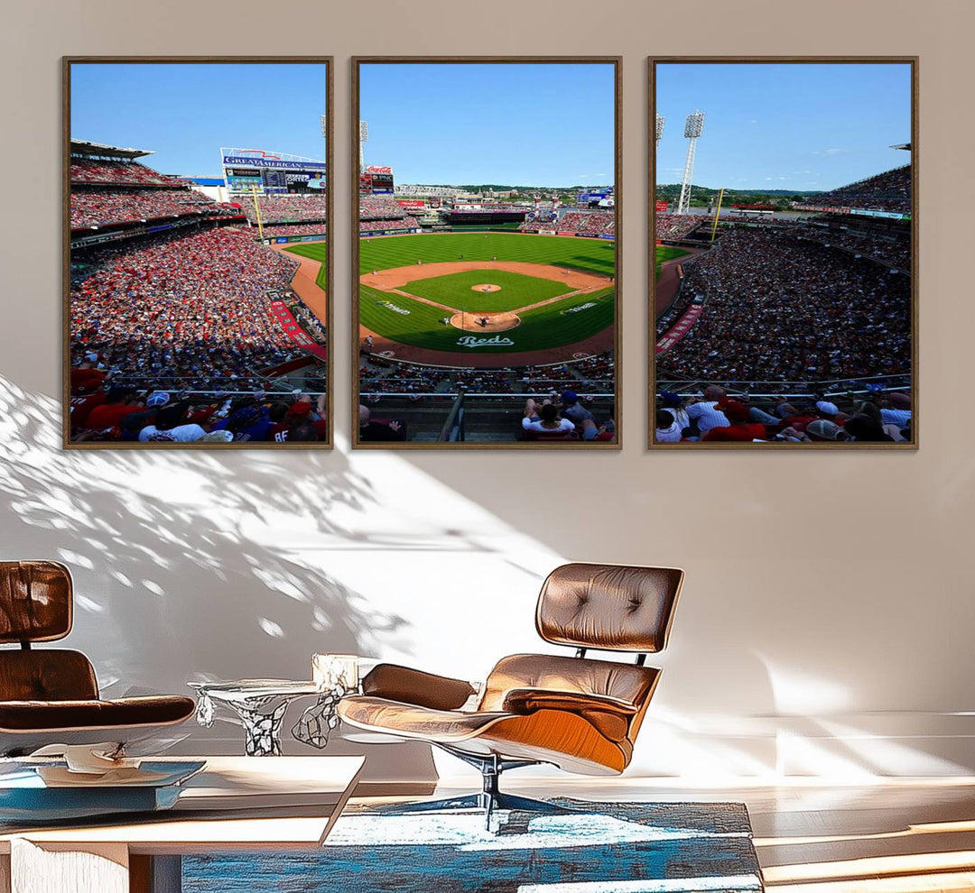 The Cincinnati Reds Baseball Team print of Great American Ball Park Stadium adorns the wall.