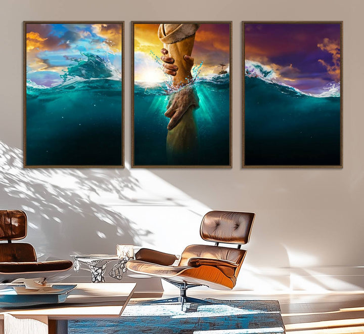 The God Hand Wall Art Canvas Print depicts hands reaching through water against a vibrant sky.