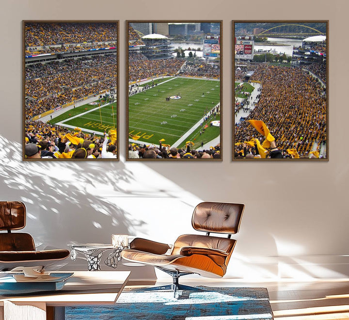 Heinz Field wall art and a cityscape serve as the backdrop.