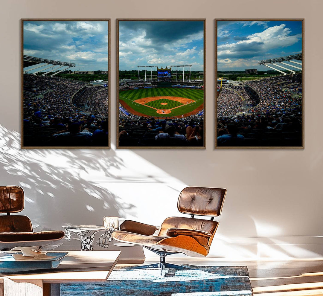 A 3-panel print of Kauffman Stadium, showcasing a crowded baseball field under cloudy skies.