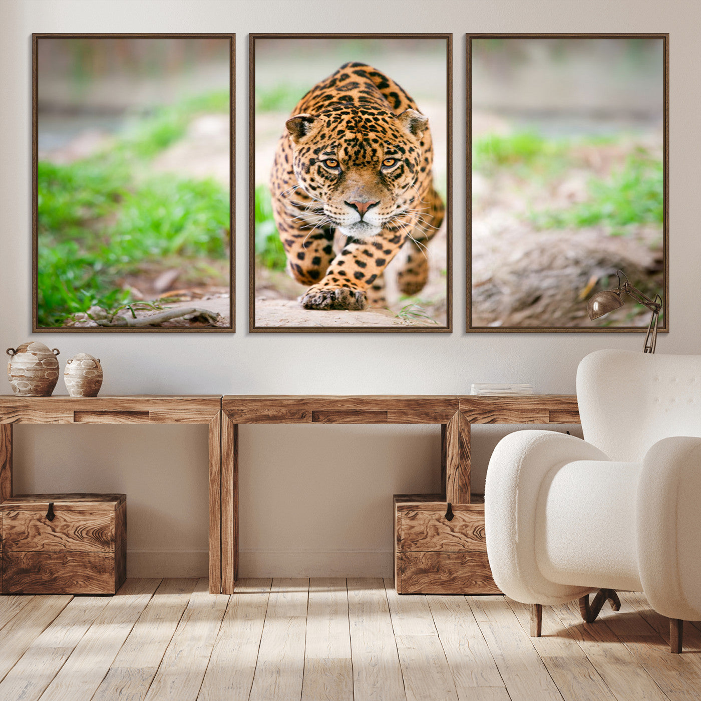 MGV-FC-60X30-3P - Leopard on the Prowl - Stunning Large Framed Canvas Wall Art for Living Room, Bedroom, or Office Décor, Vibrant Wildlife Print, Ready to Hang