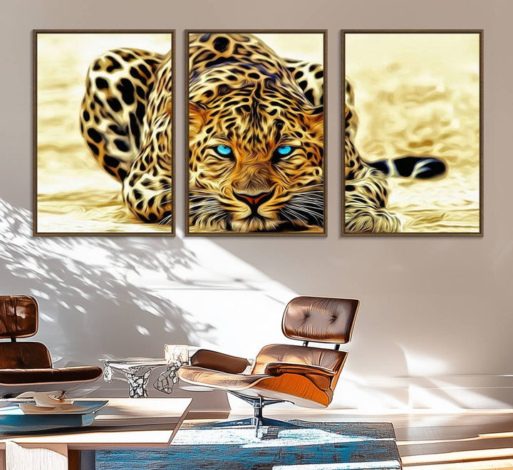 The Blue-Eyed Leopard Canvas Wall Art features a fierce and captivating design, perfect for wildlife enthusiasts. Its bold imagery makes it a striking decor piece, ready to hang.