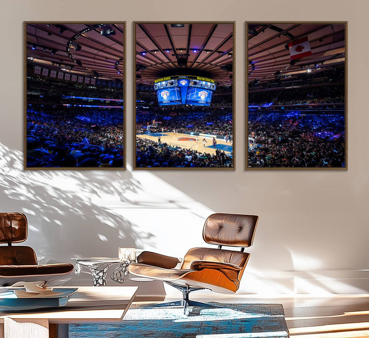 A print depicting an NBA game at Madison Square Garden, highlighting the scoreboard.