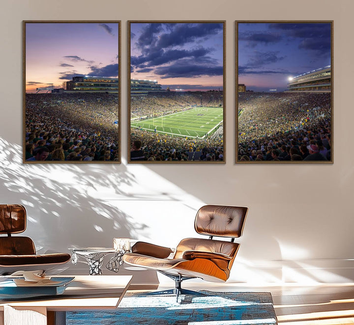 As the sun sets, a stunning backdrop highlights the Notre Dame Fighting Irish Football Team Print.