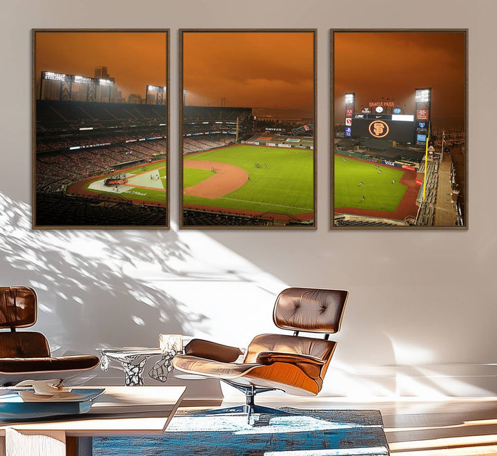 A canvas depicting an Oracle Park game with an orange sky, from SF Giants Stadium Wall Art.