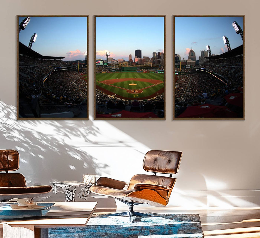 The PNC Park Evening Game Canvas, featuring a skyline backdrop, is displayed on the wall.