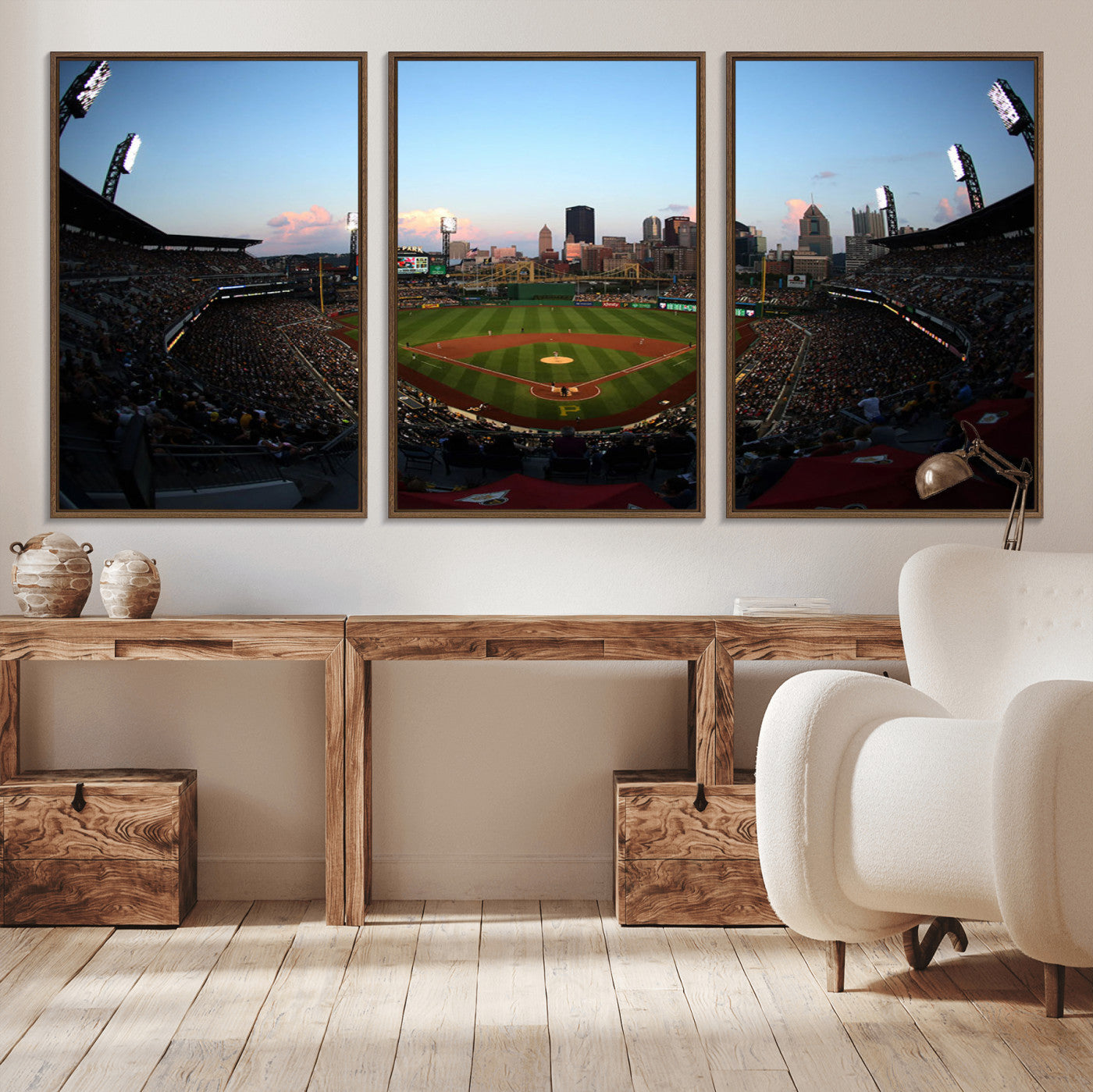 MGV-FC-60X30-3P - PNC Park Evening Game Triple Canvas Wall Art - Pittsburgh Pirates MLB Match - PNC Park Stadium Wall Art Canvas Print