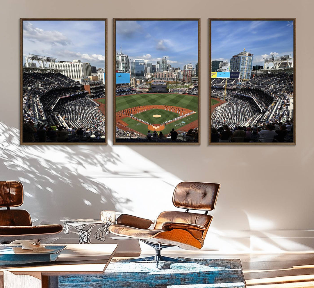 The San Diego Padres Baseball Canvas Print of Petco Park enhances the modern kitchen-dining area.