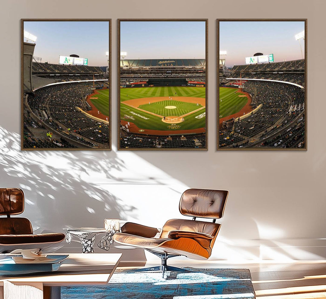 Oakland Athletics wall art canvas featuring the interior of RingCentral Coliseum Stadium.