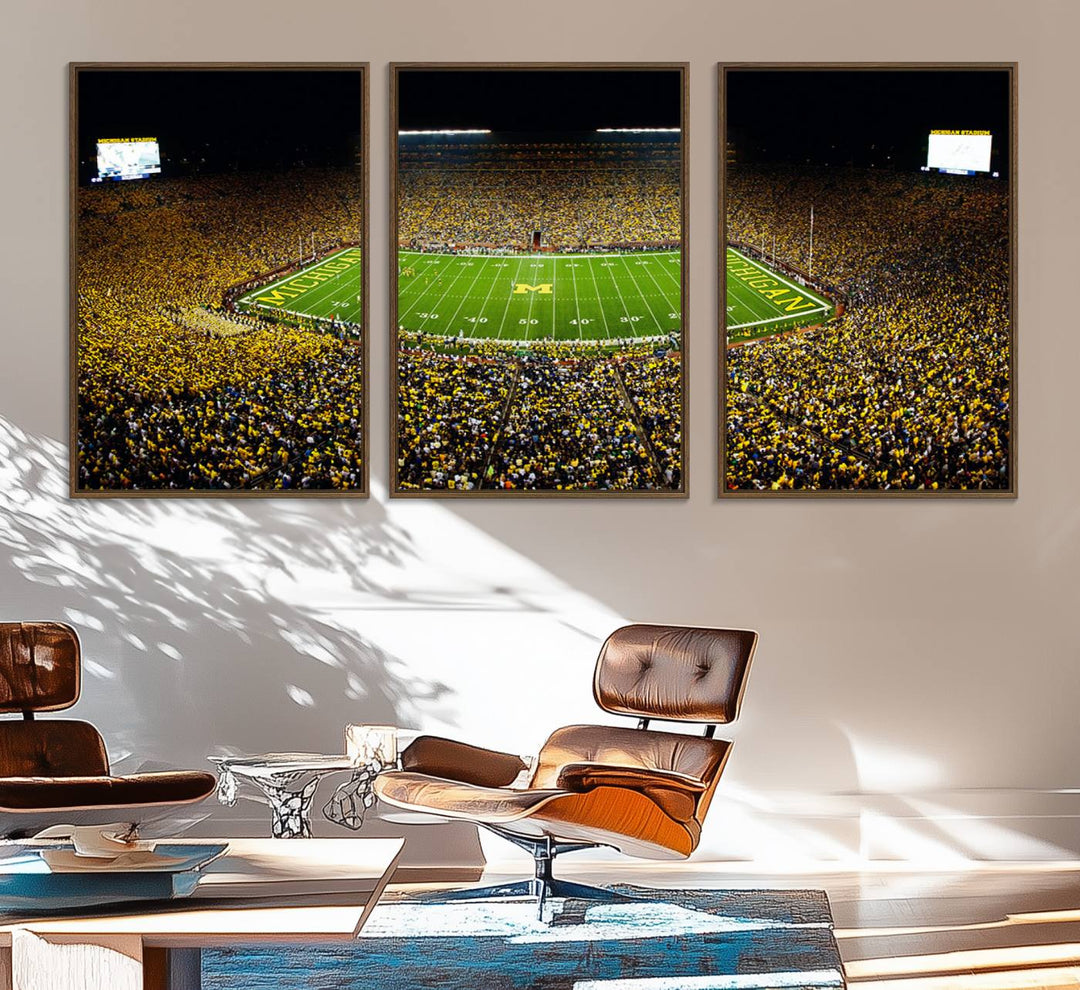 Aerial view of Michigan Stadium night game, ideal for Michigan Wolverines Football Team displayed on a triple canvas wall art.