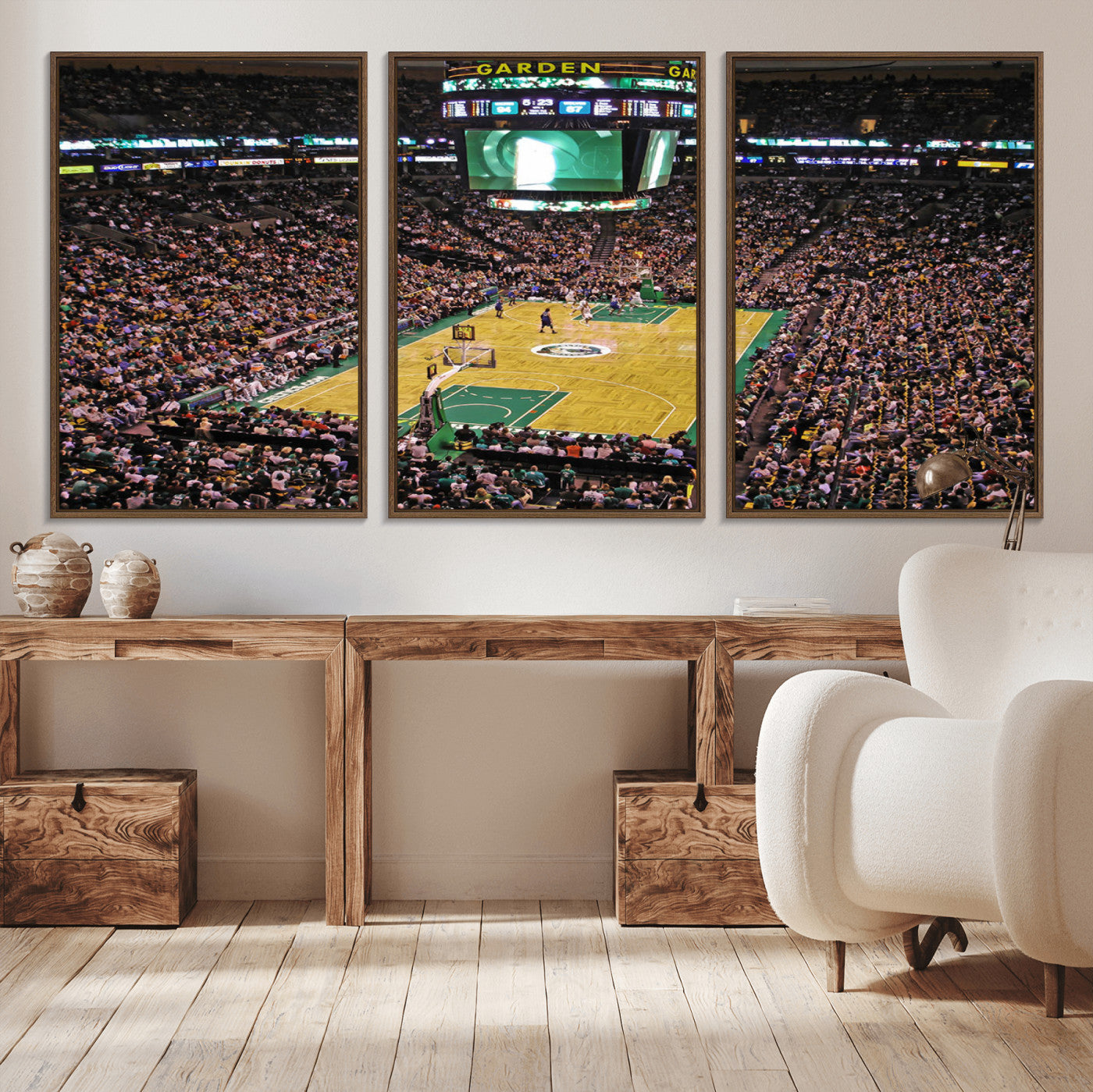 MGV-FC-60X30-3P - TD Garden Basketball Game Triple Canvas Wall Art - Boston Celtics Live Action - Framed - Ready to Hang
