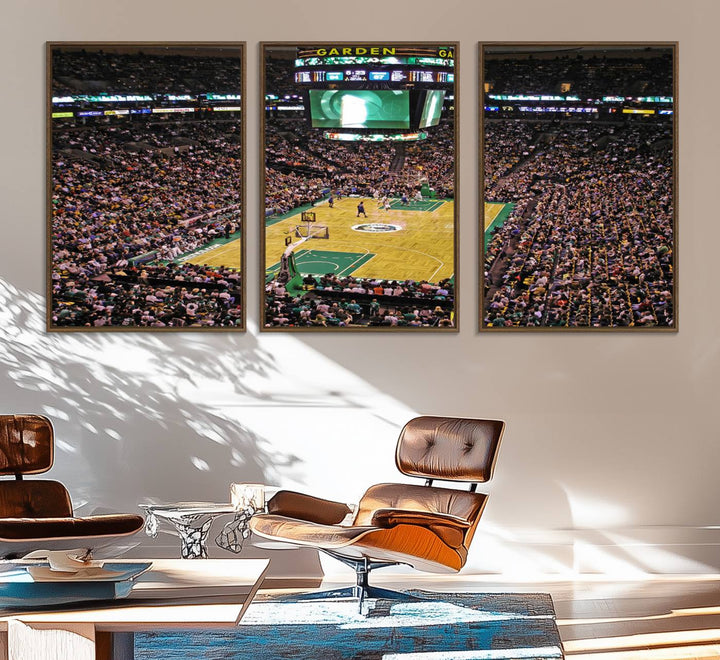 A vibrant depiction of a TD Garden basketball game is beautifully captured in the Boston Celtics Triple Canvas Wall Art, which comes framed and ready to hang.