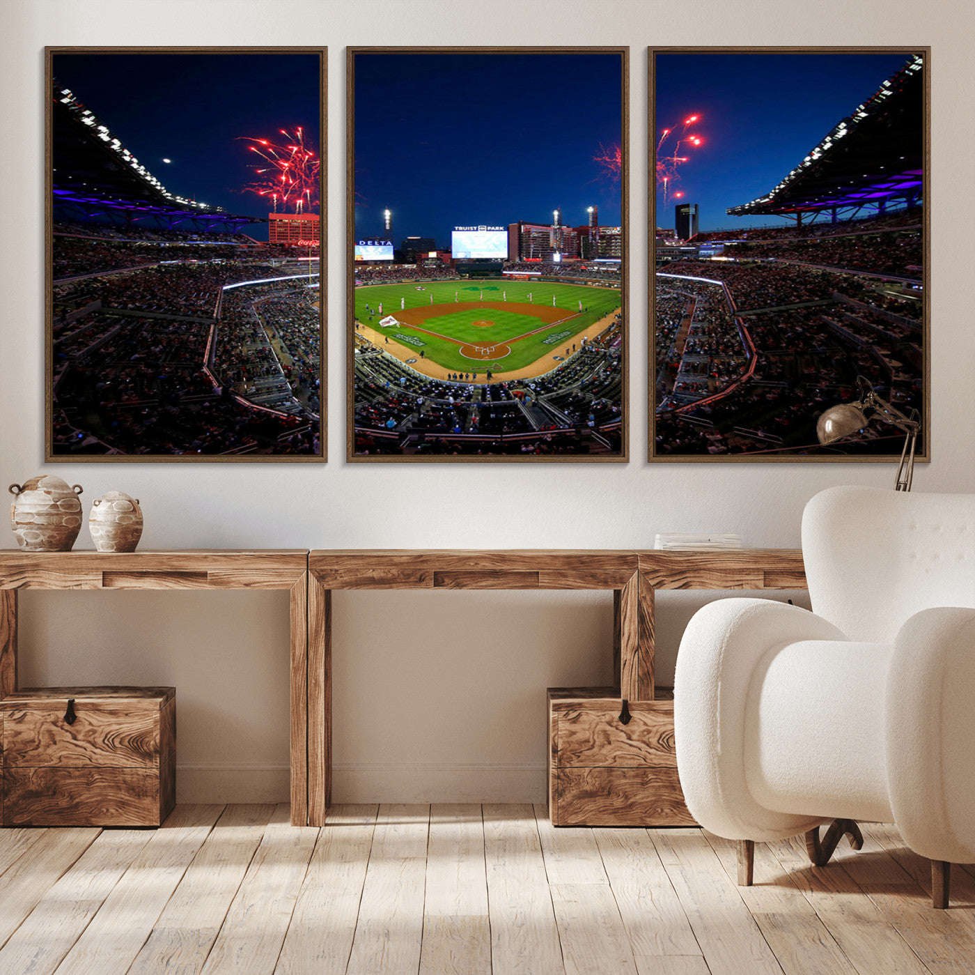 MGV-FC-60X30-3P - Truist Park Atlanta Braves Baseball Stadium Wall Art Print | Large 3-Panel Canvas Print for Sports Fans | Framed, Ready-to-Hang Baseball Decor