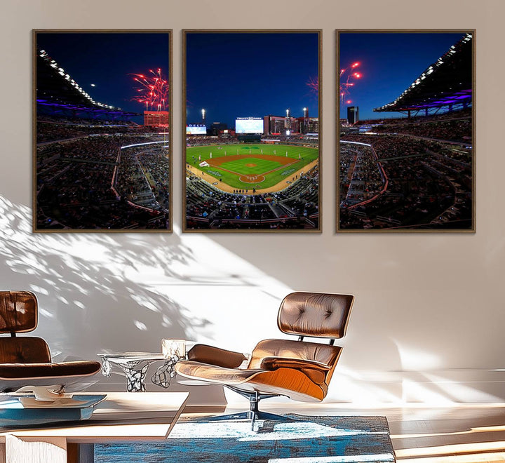 Truist Park wall art: fireworks over a Braves crowd, a large 3-panel canvas, framed and ready-to-hang.