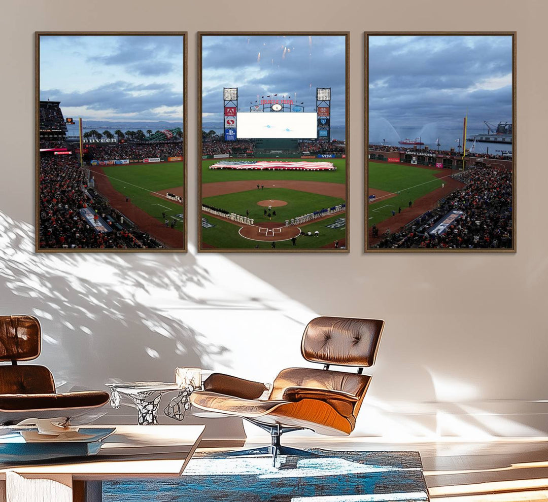 This framed 3-panel canvas MLB wall art features a giant flag and fans under a cloudy sky at Oracle Park.