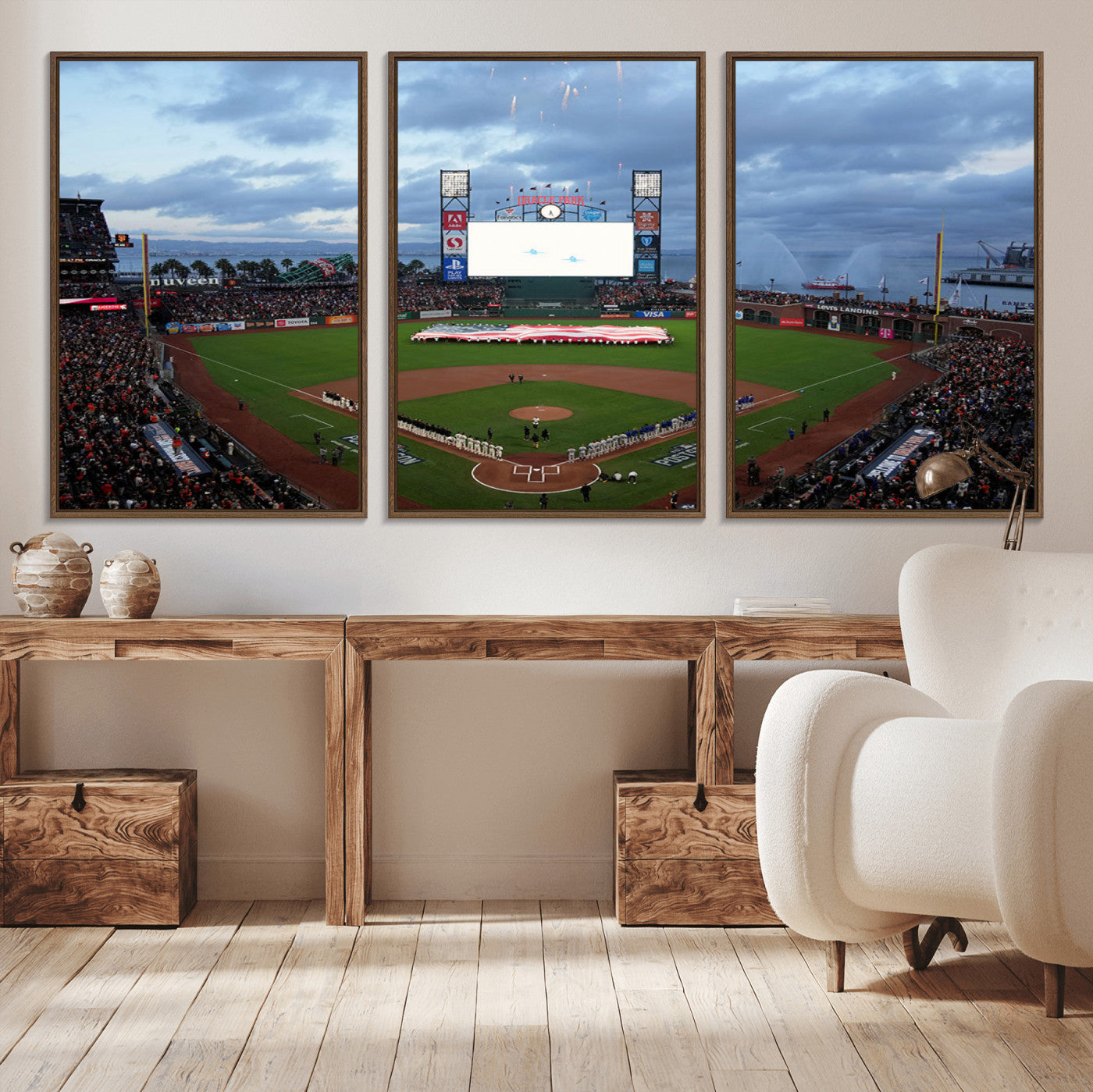 MGV-FC-60X30-3P - Oracle Park San Francisco Giants Wall Art | 3-Panel Canvas Print of Oracle Park Stadium | Large Framed Baseball Wall Decor | Ready-to-Hang MLB Canvas Print
