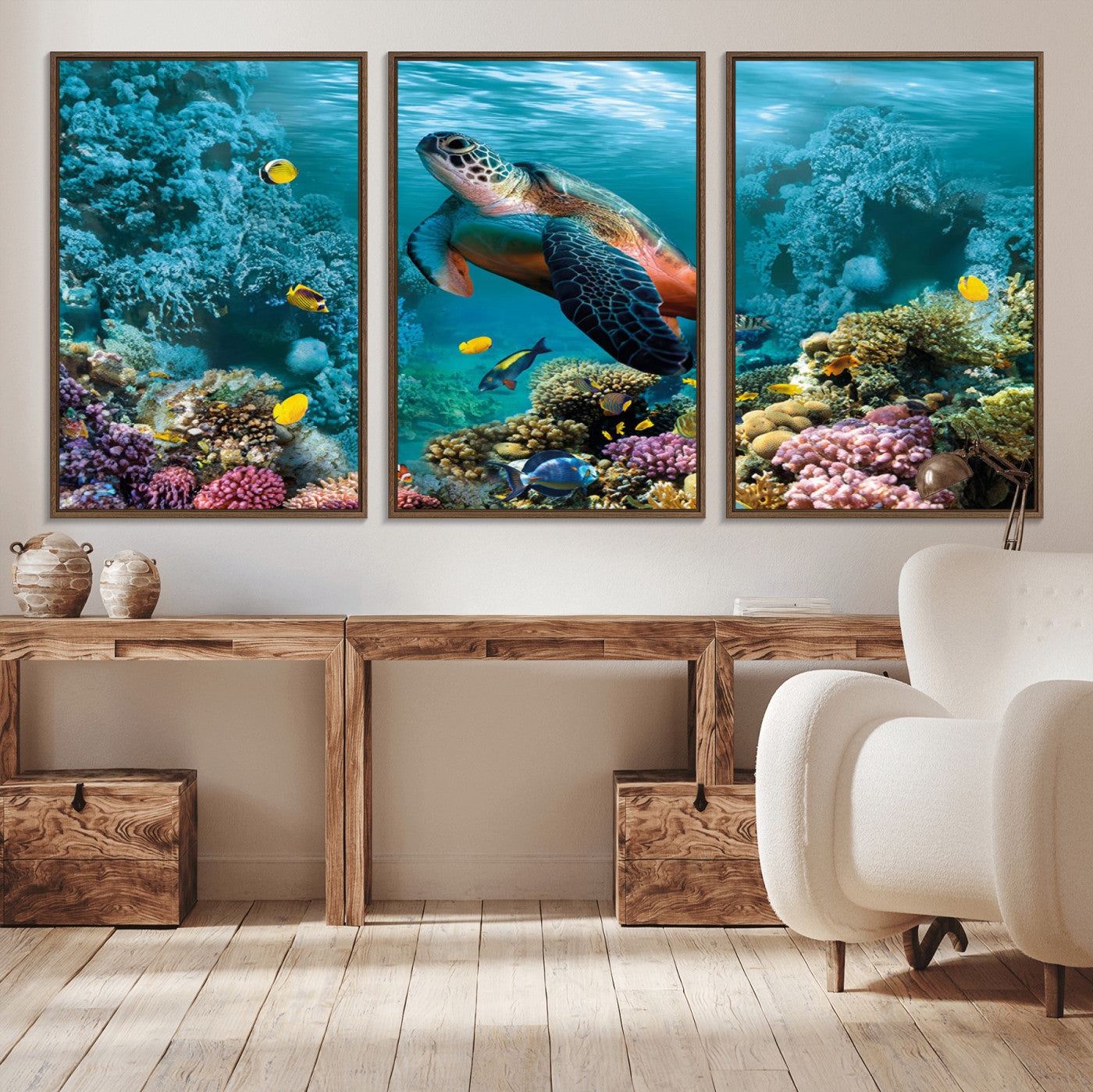 MGV-FC-60X30-3P - Sea Turtle and Coral Reef Triptych Wall Art – Vibrant Underwater Scene Canvas Set for Ocean Lovers and Coastal Decor – Ready to Hang 3-Panel Artwork