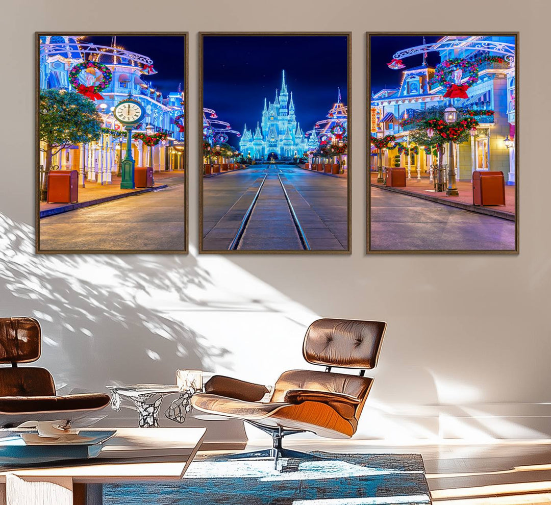 Disney wall art featuring a fantasy castle street at night.