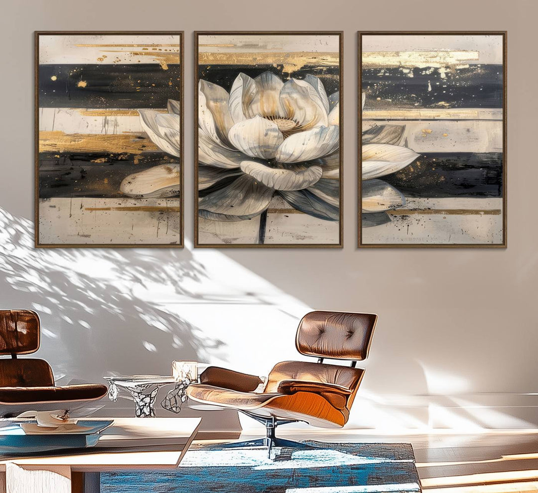 The wall is adorned with an Abstract Lotus Flower Wall Art Canvas Print.