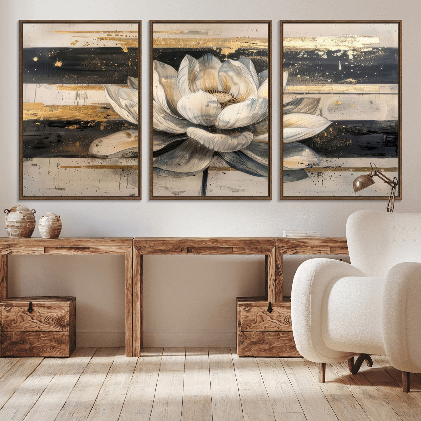 MGV-FC-60X30-3P - Lotus Flower Wall Art Canvas Print, Framed Abstract Lotus Art Picture Print, White Lotus Flower Perfect Abstract Floral Decor Artwork