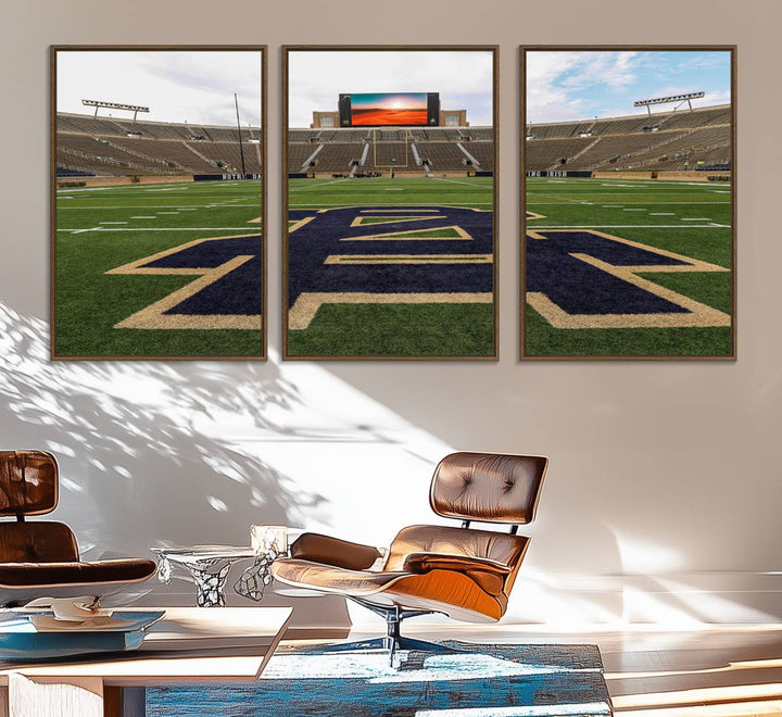 Notre Dame Stadium Triptych: This ready-to-hang giclee canvas print features a vibrant depiction of the football field adorned with an A logo and a stunning sunset.