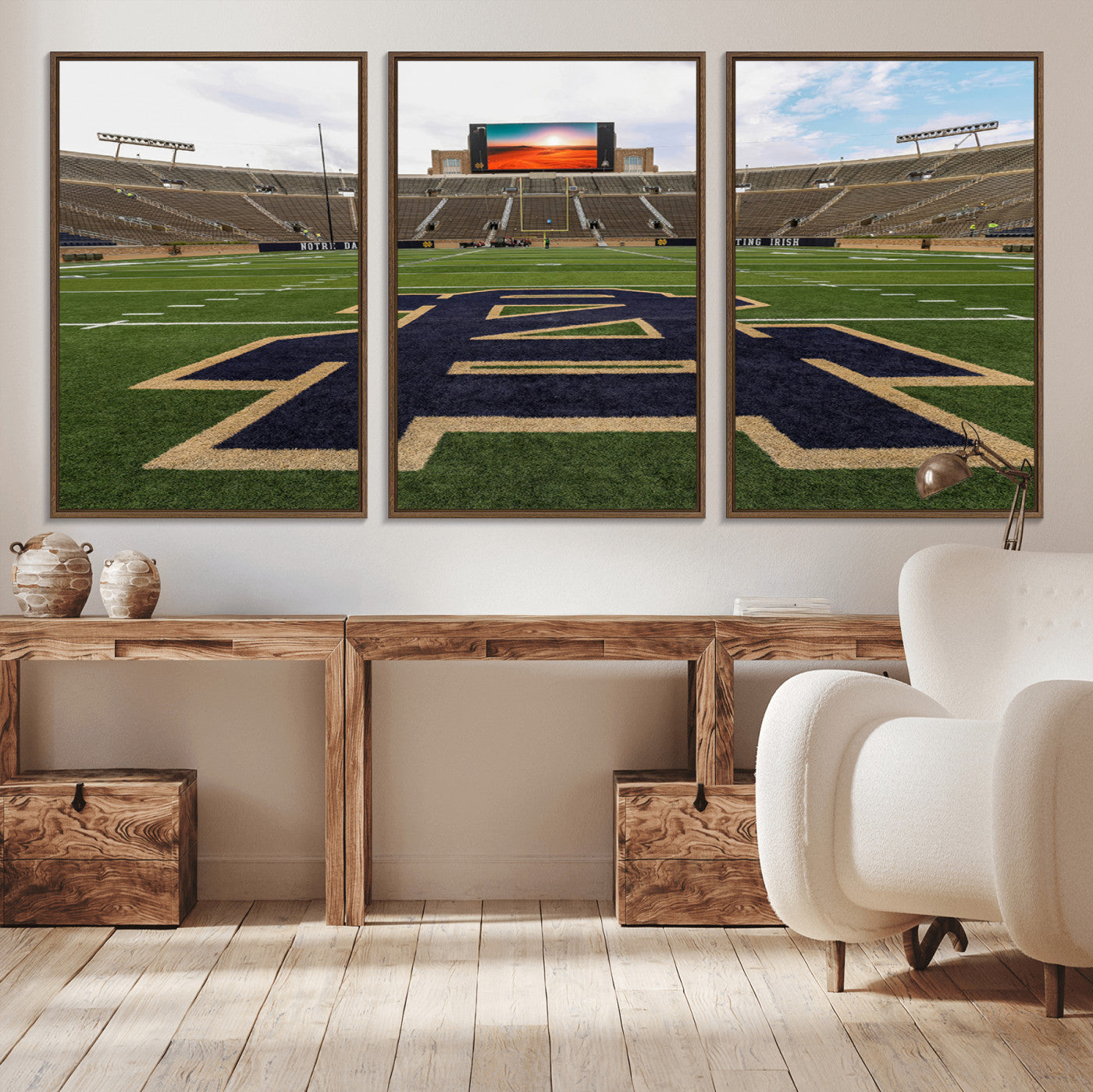 MGV-FC-60X30-3P - Notre Dame Stadium Giclee Canvas Print | Triptych Wall Art Featuring Iconic Notre Dame Football Field | Ready-to-Hang Sports Stadium Decor
