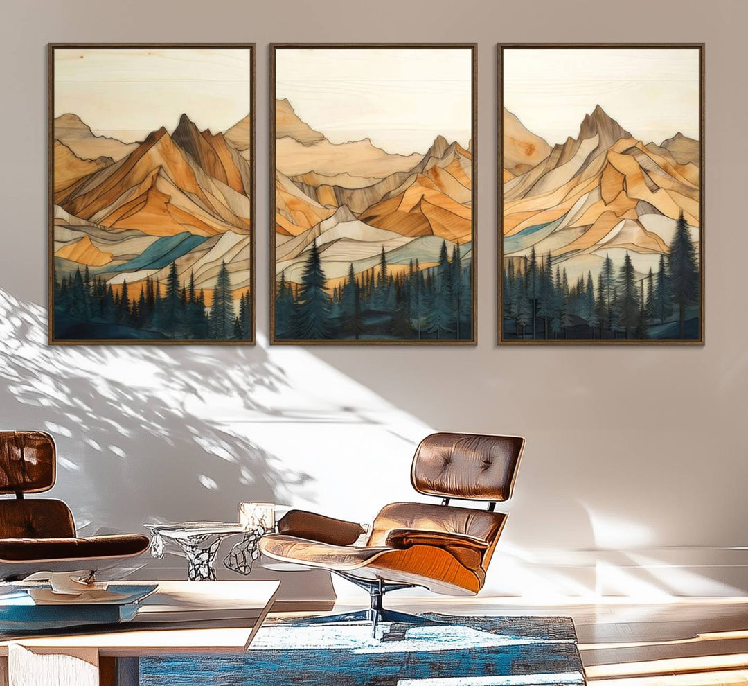 A triptych giclee print of mountains decorates the wall above the counter.