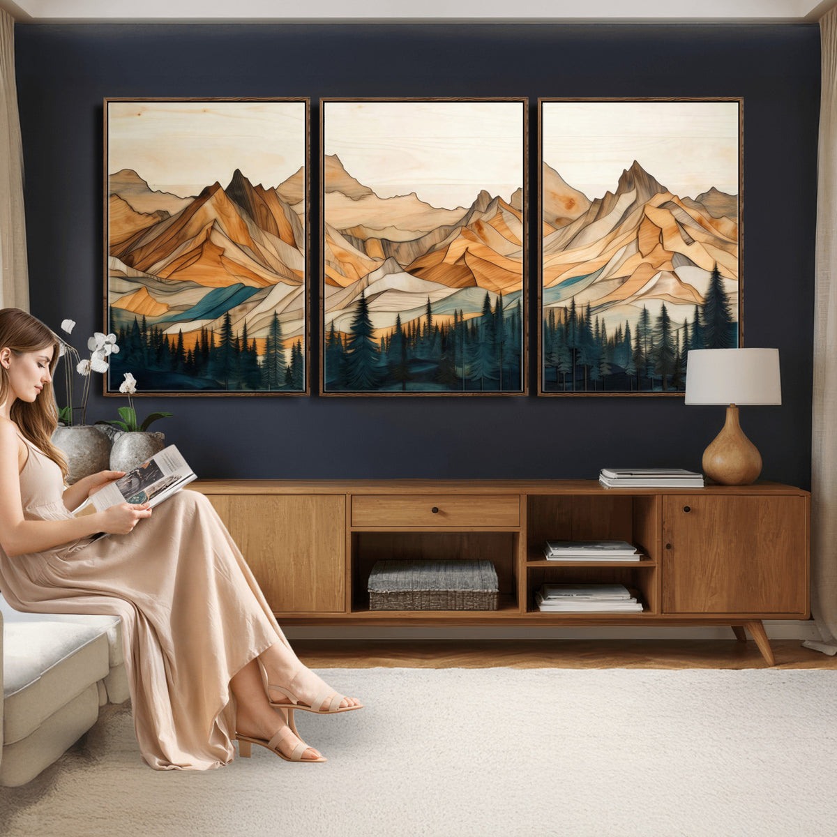 31576-PAN-FL-20X10 - Rustic Wood Mountain Wall Art Print | Triptych Giclee Print Featuring Handcrafted Forest and