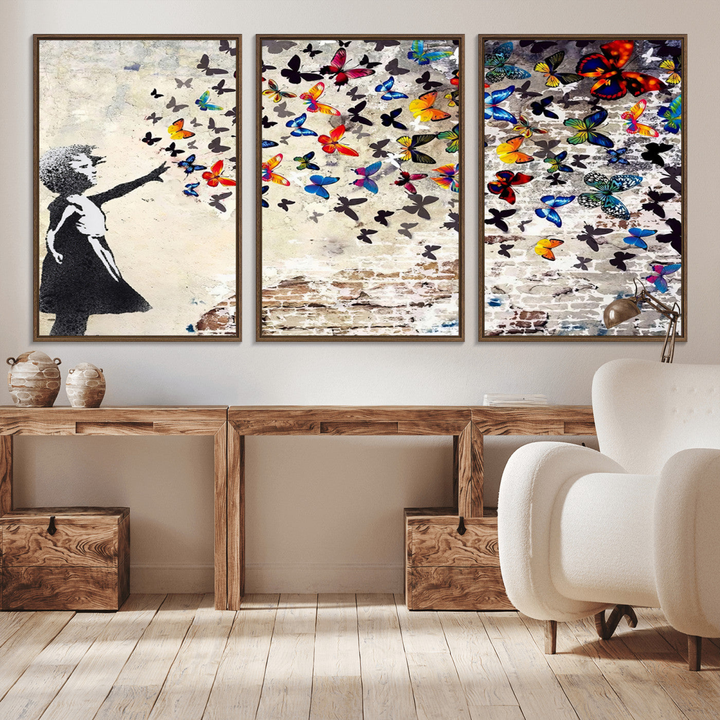MGV-FC-60X30-3P - Banksy Graffiti Wall Art Canvas Print: Girl Releasing Vibrant Butterflies – Ready to Hang