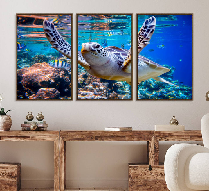 The Underwater Sea Turtle Wall Art Canvas Print serves as vibrant ocean décor, enhancing the kitchen with its stunning depiction.