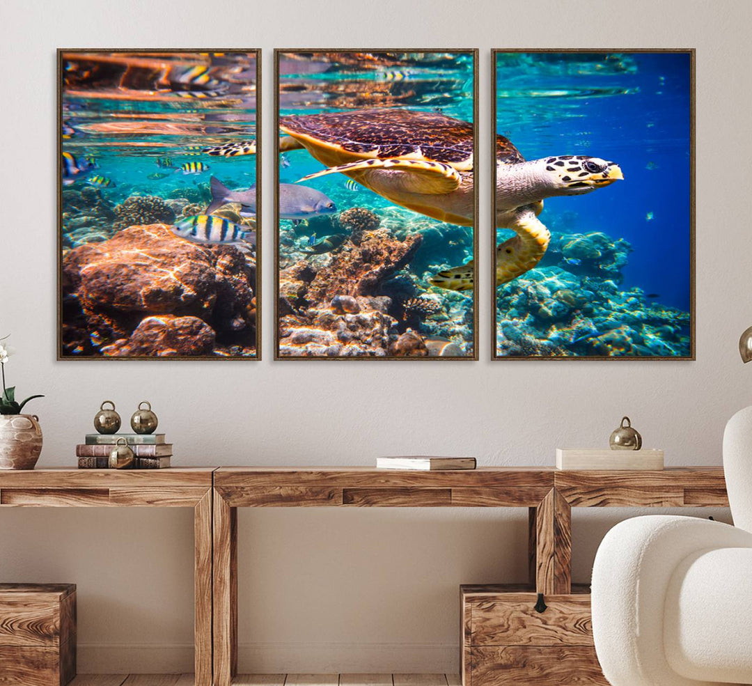 A Sea Turtle Wall Art Canvas Print features a colorful turtle swimming among coral. This artwork is ready to hang.