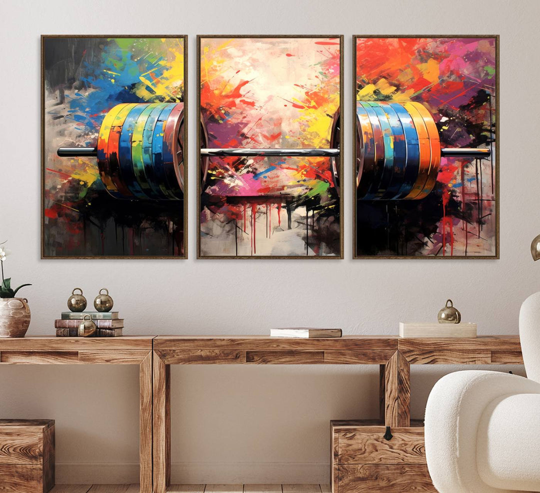 The Weightlifting Barbell Art Triptych hangs prominently on the wall.