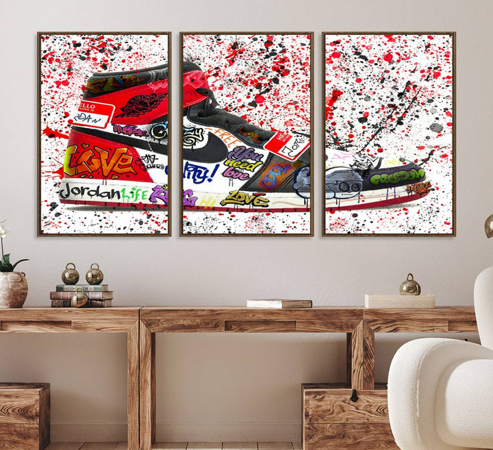 A Jordan Shoes Graffiti Canvas Print hangs prominently, perfect for sneakerheads and urban art lovers.