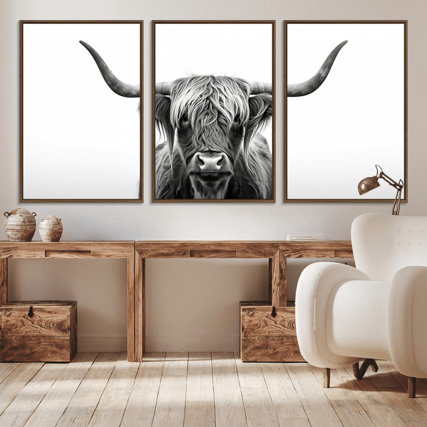 -Highland Wall Art Canvas Print – Minimalist Black and White Farmhouse Décor, Ready to Hang