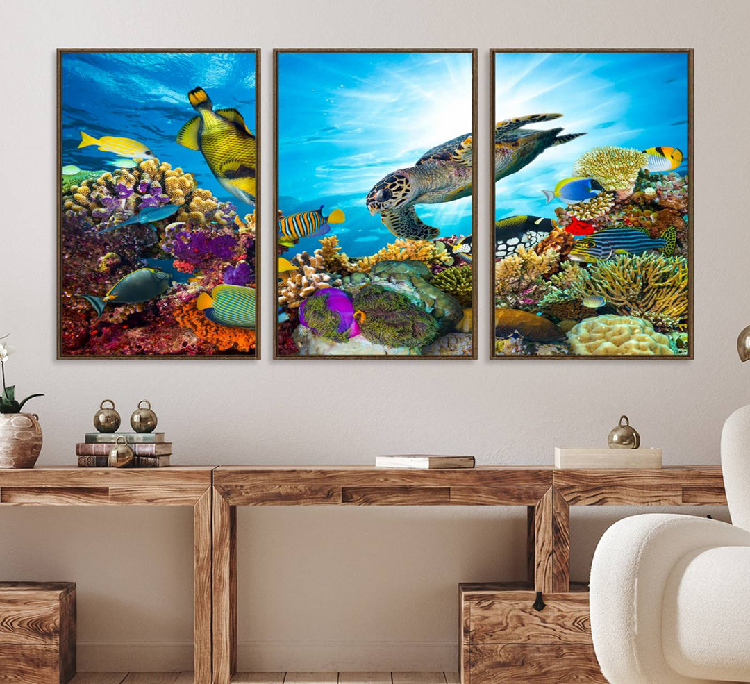 The Colorful Coral Reef and Sea Life Turtle Canvas Print brings vibrant ocean decor to your wall.