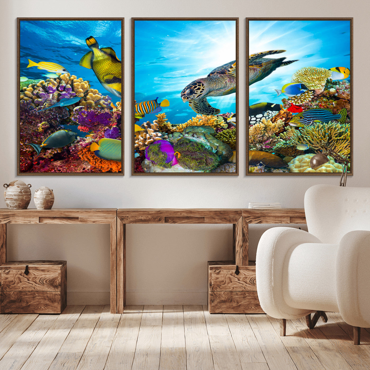-Colorful Coral Reef and Sea Life Turtle Canvas Print, Underwater Tropical Ocean Wall Art for Home