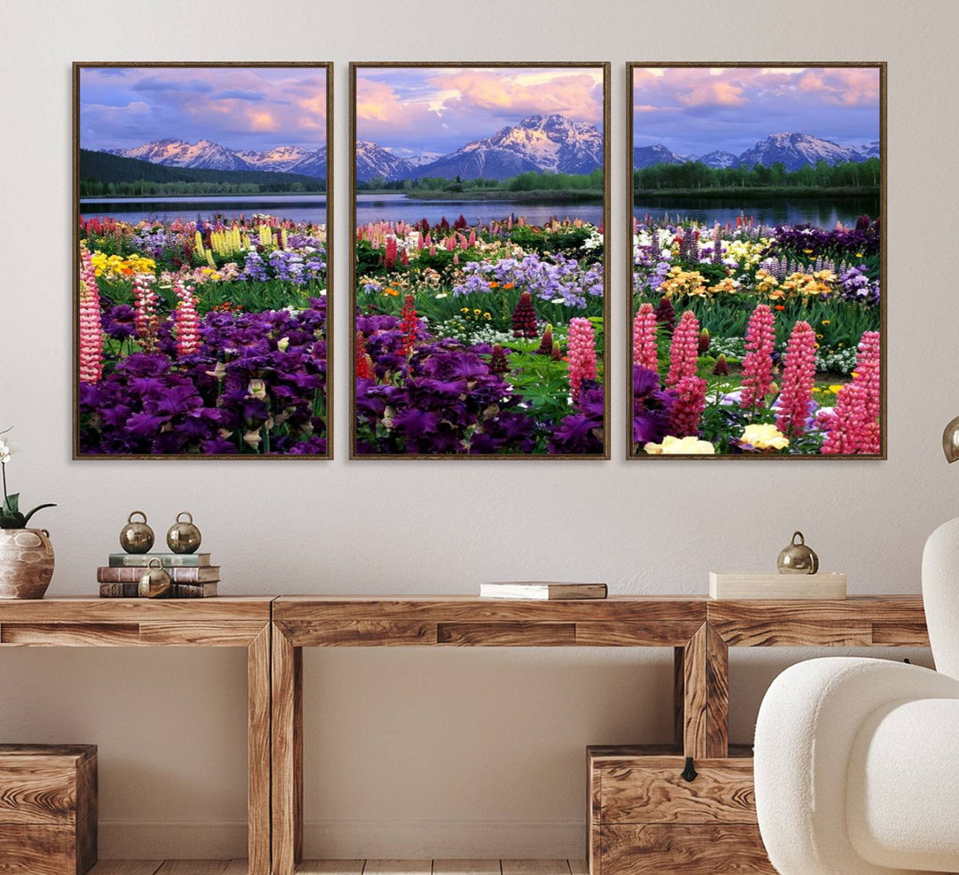 A Vibrant Wildflower Garden and Mountain View Giclee Print is displayed prominently on the wall.