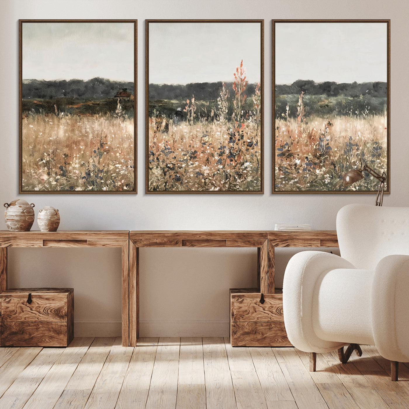 MGV-FC-60X30-3P - Rustic Field Landscape Wall Art Print, Giclee Canvas Wall Art for Modern Homes, Warm Meadow and