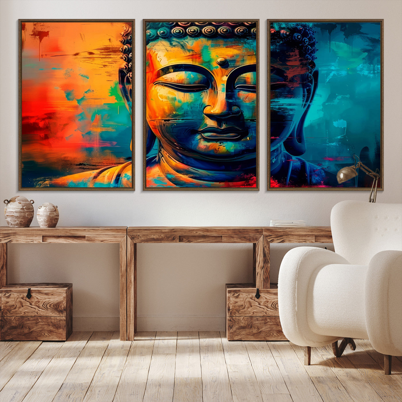 A vibrant, abstract artistic rendition of a Buddha statue face, blending bold and contrasting colors to evoke a sense of peace, spirituality, and enlightenment.