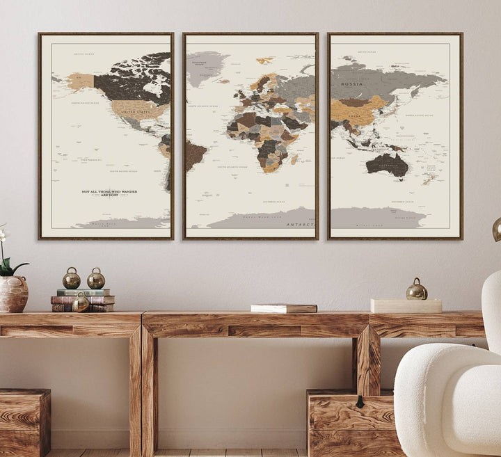 Antique-style world map canvas print with Not all those who wander are lost, perfect for vintage decor.