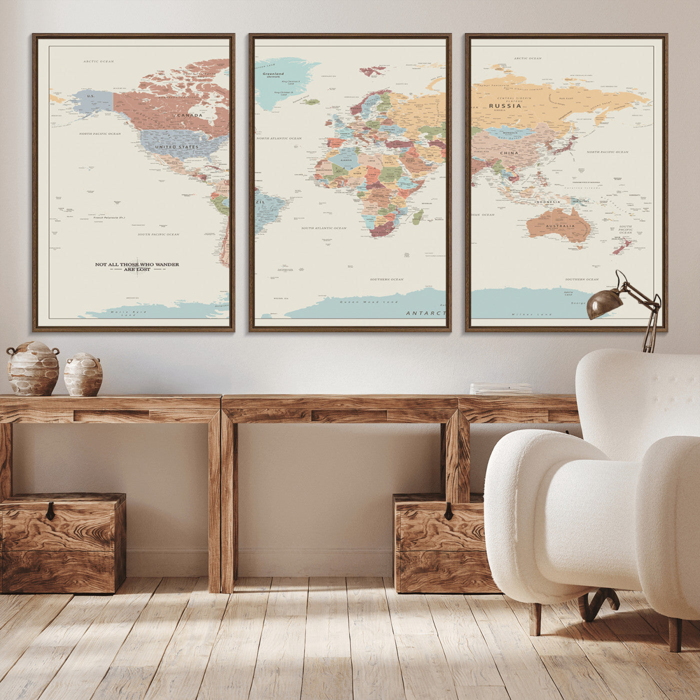19241-MGV-CV-36X24-World Map Canvas Print – Framed Minimalist Travel Map Wall Art, Neutral Toned Push Pin Map for Home Office or Study Decor